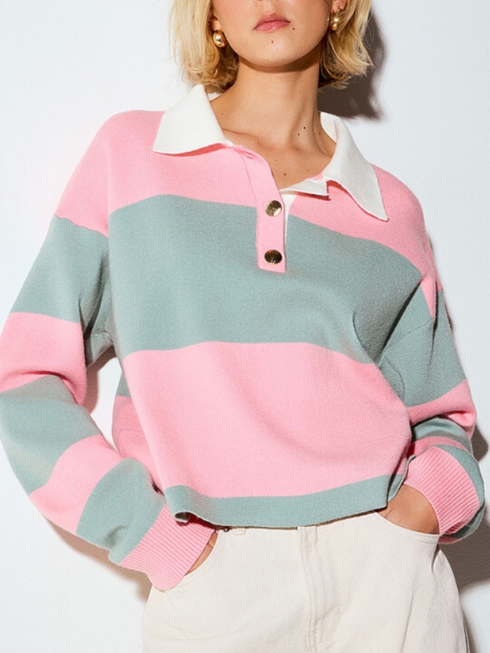 Pink and mint golden buttons polo collar striped cropped rugby style sweater NWT